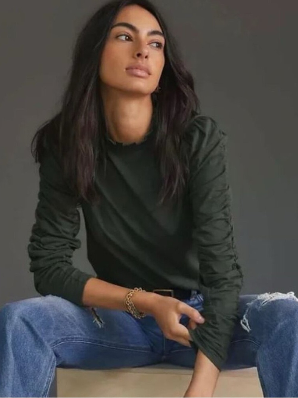 NWT Maeve by Anthropologie Dark Green Ruffle Neck Long Sleeve Top